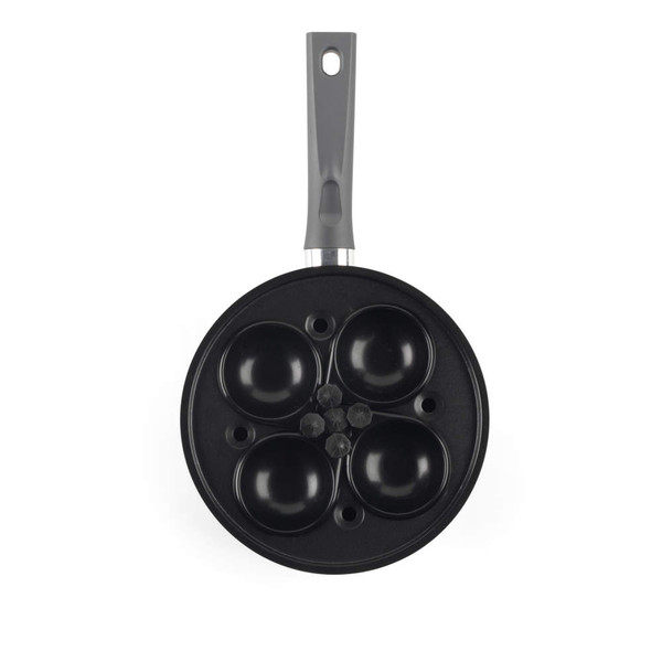 Grey non-stick frying pan with four egg sections, shown top down.
