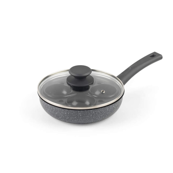 Grey non-stick egg poaching pan with four cups and glass lid