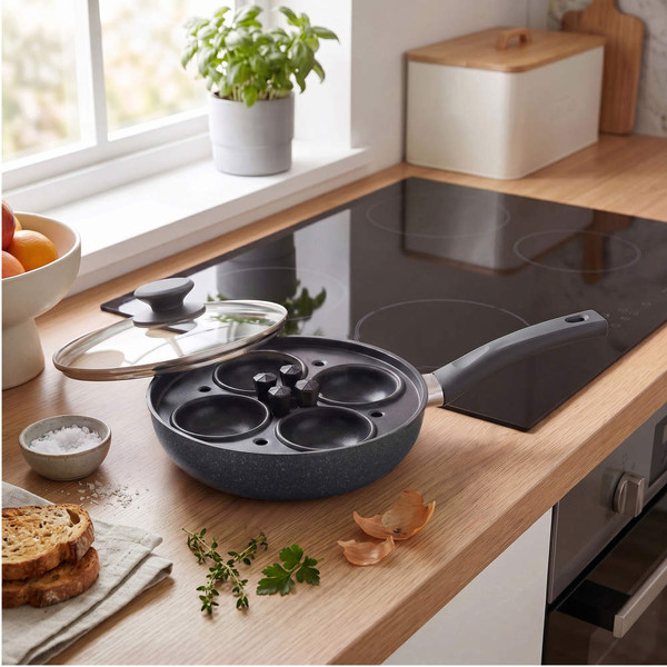 Non-stick 4-cup egg poaching pan with glass lid on modern kitchen hob