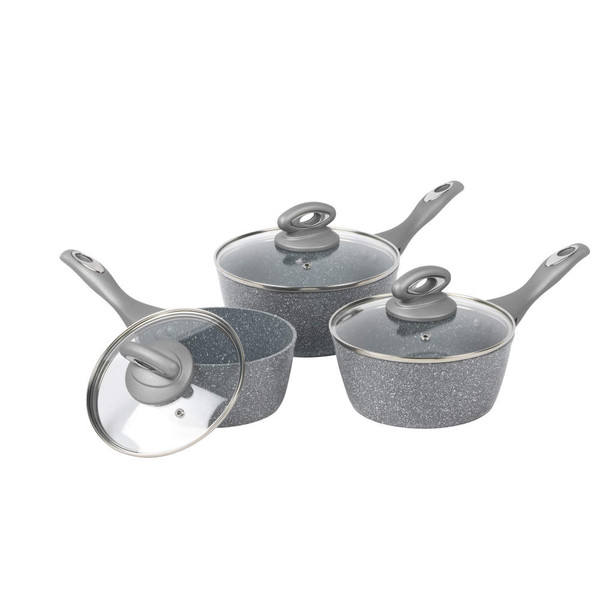 Set of three grey non-stick saucepans with glass lids, displayed on white background.