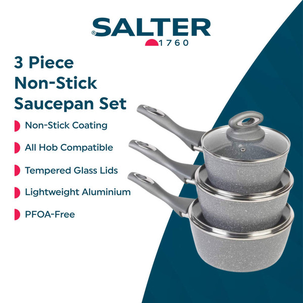 Three-piece grey non-stick saucepan set with glass lids, stacked side view.
