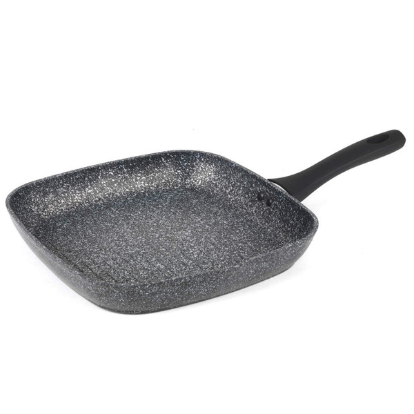 Square non-stick speckled frying pan with black handle, shown at an angle