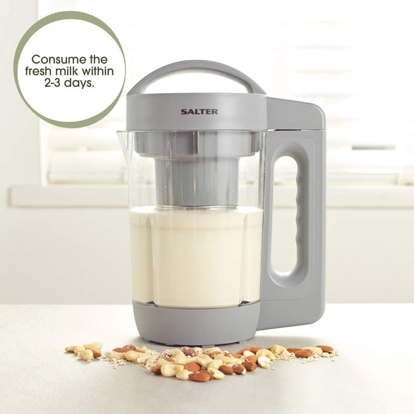 Salter nut milk maker with fresh milk and mixed nuts on worktop