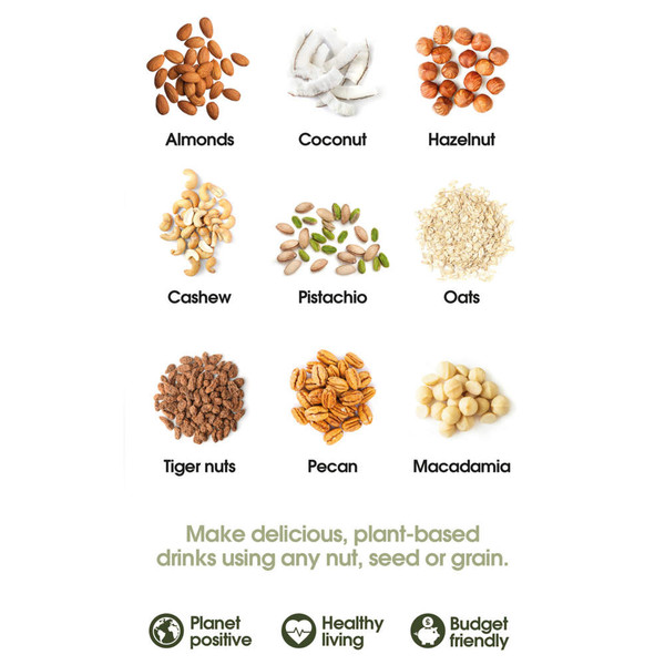 Grid showing almonds, coconut, hazelnut, cashew, pistachio, oats, tiger nuts, pecan, macadamia for plant-based drinks.