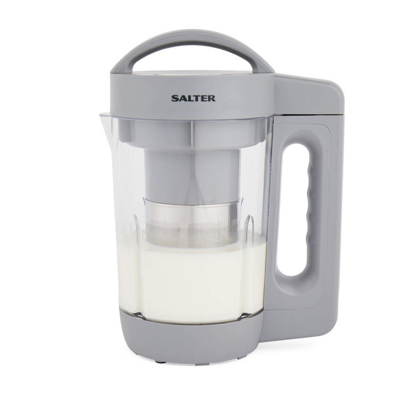 Grey Salter plant milk maker filled with milk, shown upright with handle and lid.