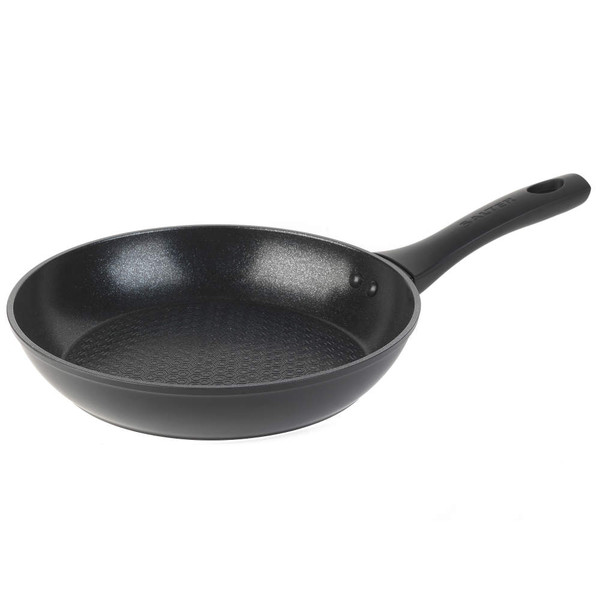 Black non-stick frying pan with textured interior, shown angled on white background.