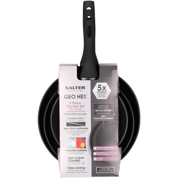Salter 3 piece non-stick fry pan set with black handles, shown stacked in packaging