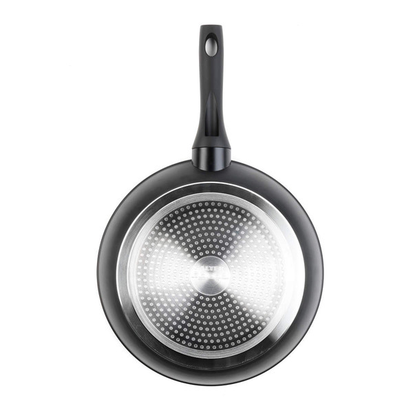 Black non-stick frying pan shown base up with induction-compatible silver bottom and black handle
