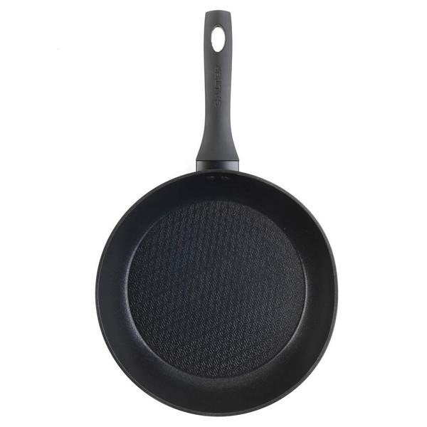 Black non-stick frying pan with textured interior, shown from above