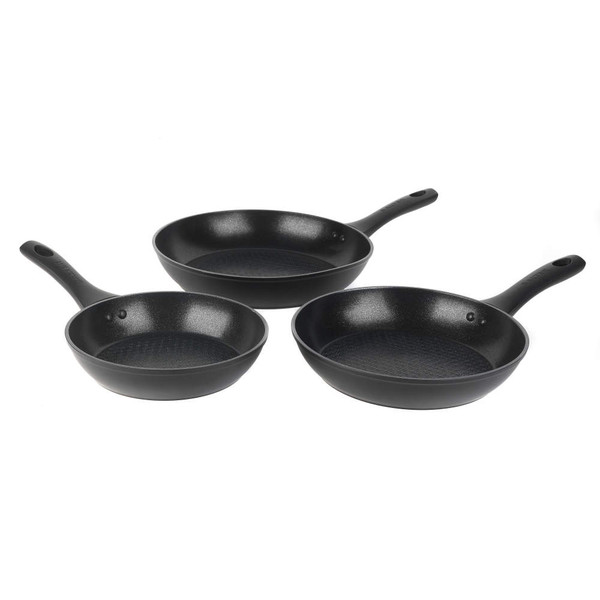 Set of three black non-stick frying pans with textured interior, shown on white background