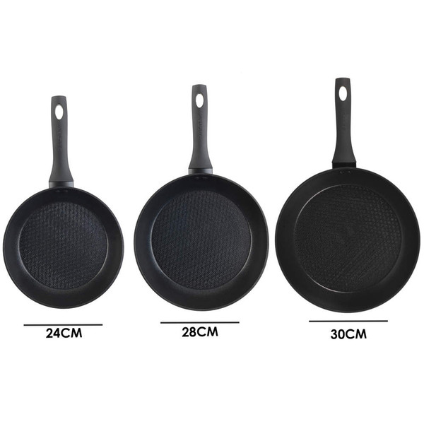 Set of three black non-stick frying pans in 24cm, 28cm, and 30cm sizes.