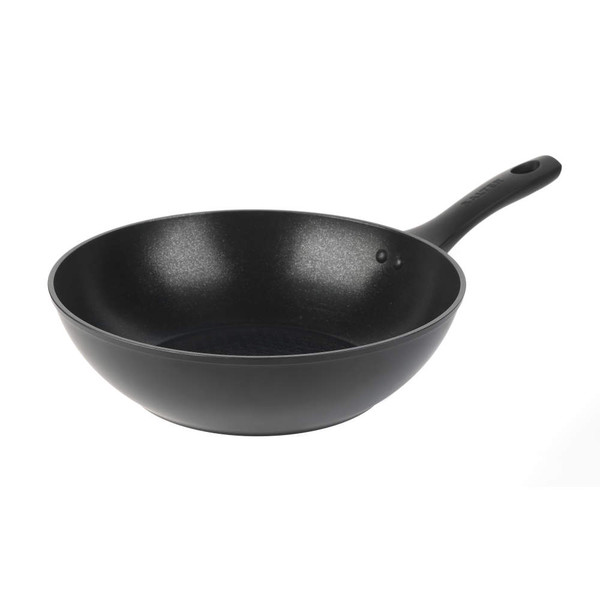 Black non-stick wok pan with handle, shown at an angle on white background