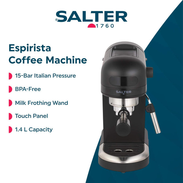 Black espresso coffee machine making coffee in a glass cup on kitchen counter
