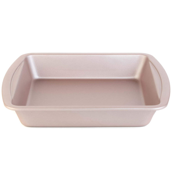 Non-stick rose gold rectangular roasting tin with handles, shown empty.