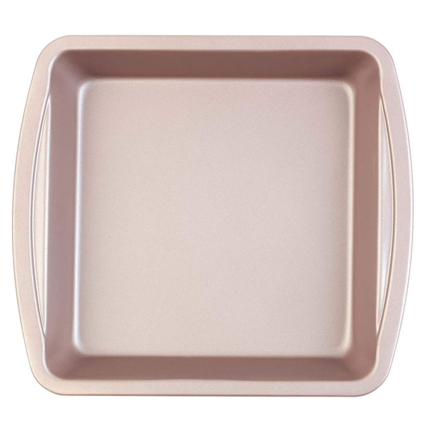 Square rose gold non-stick baking tray shown from above