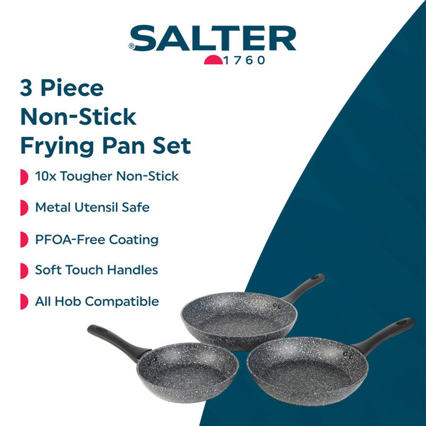 Set of three grey non-stick frying pans with soft touch handles, suitable for all hobs.