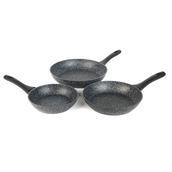 Set of three grey non-stick frying pans with black handles, shown side by side.