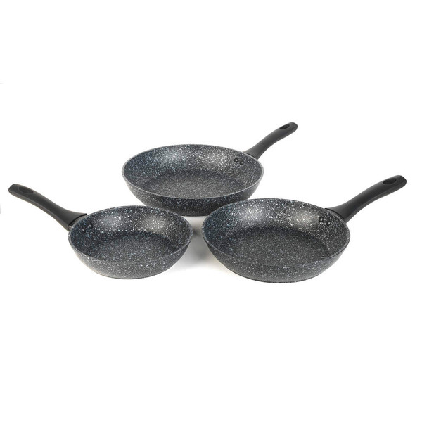 Set of three grey non-stick frying pans with black handles, shown side by side.