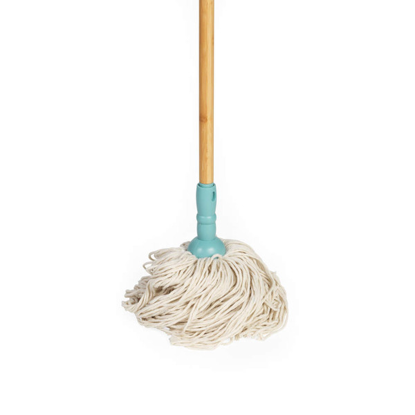 Promotional graphic for cotton mop with extra refill, FSC bamboo, recycled plastic, super absorbent