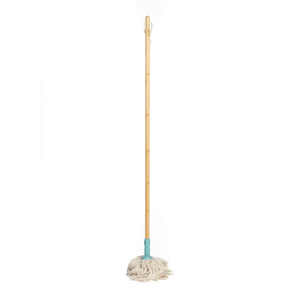 Cotton string mop with bamboo handle and blue plastic grip, shown upright on white background