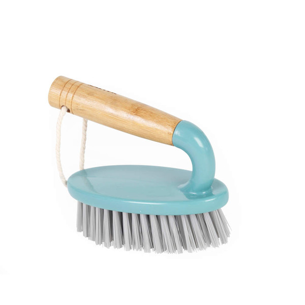 Blue and natural wood scrubbing brush with curved handle and grey bristles.