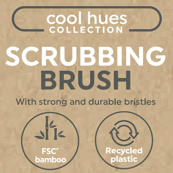 Promotional banner for scrubbing brush made from FSC bamboo and recycled plastic.