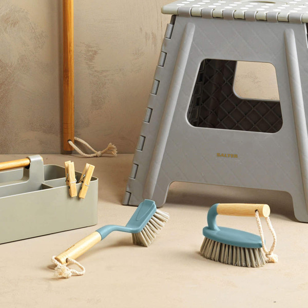 Set of two cleaning brushes and grey step stool, suitable for home use