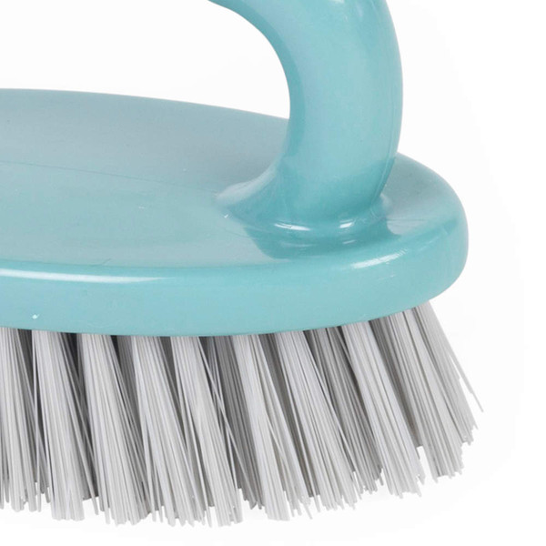 Light blue handheld scrubbing brush with white bristles, shown close up.