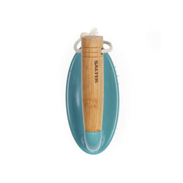 Blue oval bamboo massage brush with handle, shown from above.