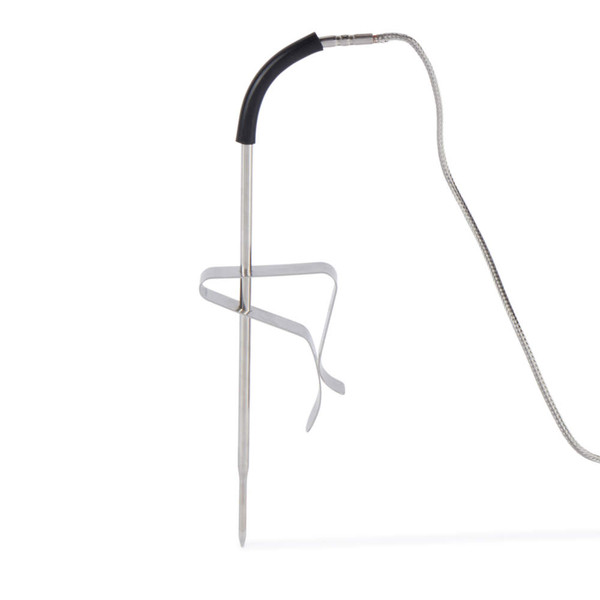 Silver meat thermometer probe with curved sensor and metal stand, isolated on white