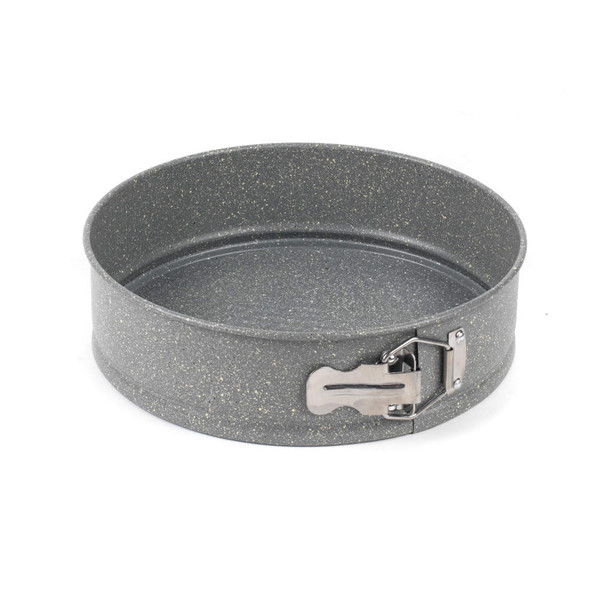 Grey non-stick round springform cake tin with latch, shown empty