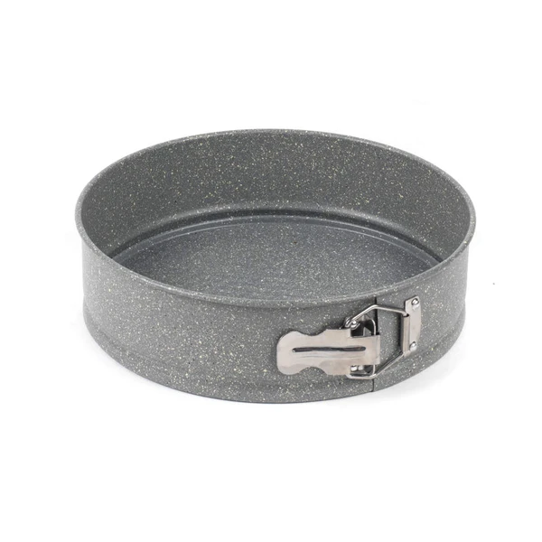 Grey non-stick round springform cake tin with latch, shown empty