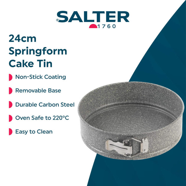 Grey non-stick round springform cake tin on kitchen worktop