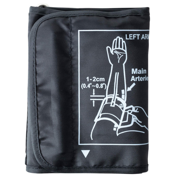 Black adult blood pressure cuff with guide for left arm positioning