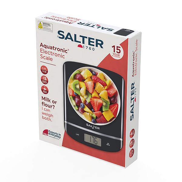Boxed Salter Aquatronic electronic scale with bowl of fruit, front angled view