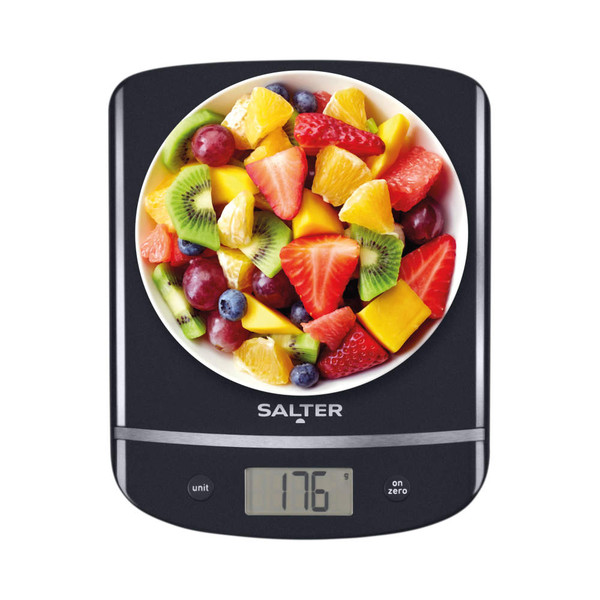 Boxed Salter Aquatronic electronic scale with bowl of fruit, front angled view