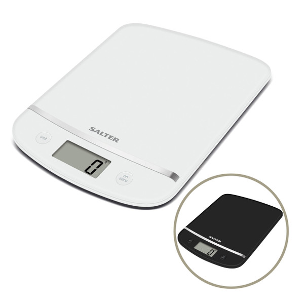 Black digital kitchen scale on white worktop, shown with baking items