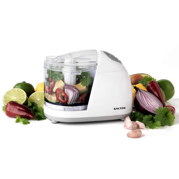 White Salter mini food processor with assorted fresh vegetables and herbs