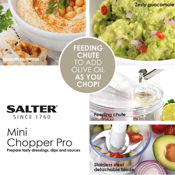 Salter Mini Chopper Pro shown preparing hummus and guacamole, with feeding chute for adding oil.