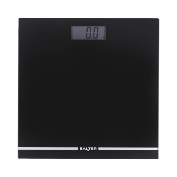 Black digital bathroom scale with Salter branding, front view