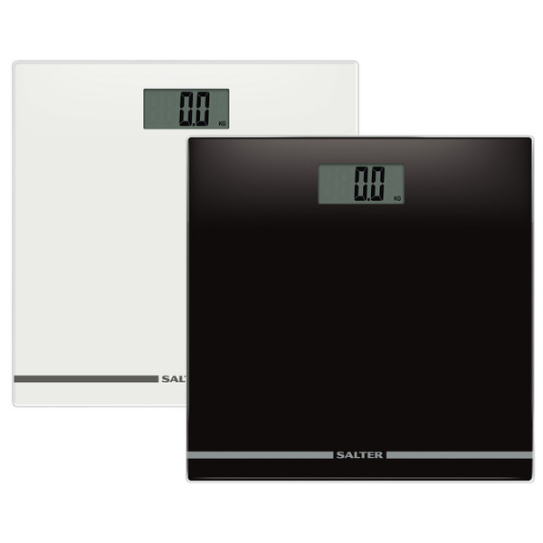 Black glass electronic bathroom scale with large display, Salter brand.