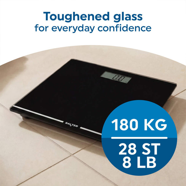 Black digital bathroom scale with toughened glass, 180kg capacity