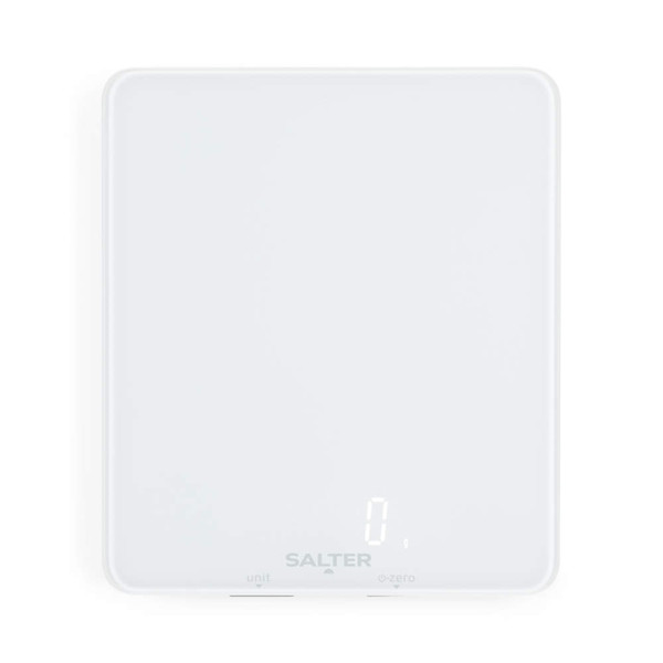 White Salter digital kitchen scale with touch controls, top-down view
