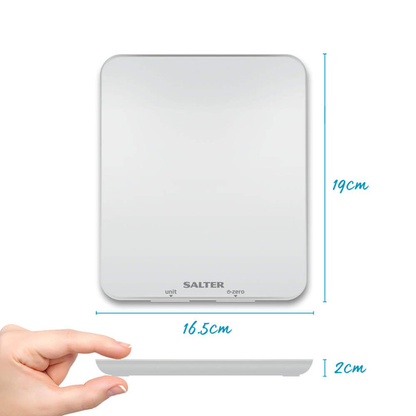 White Salter digital kitchen scale, rectangular, measures 19cm x 16.5cm x 2cm