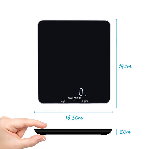 Black digital kitchen scale, showing dimensions 19cm x 16.5cm x 2cm
