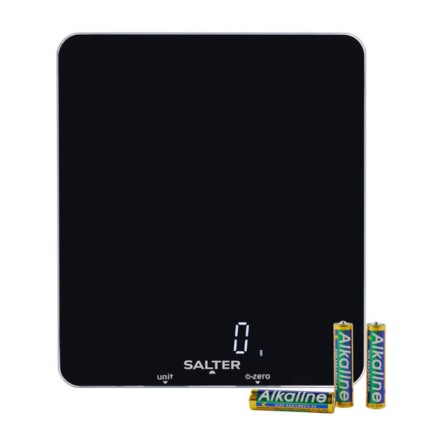 Black digital kitchen scale with batteries included, display showing zero grams.