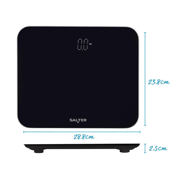 Black Salter digital bathroom scale, rectangular, with LED display and size dimensions shown