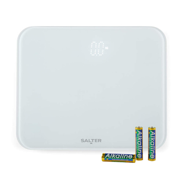 White Salter digital bathroom scale with batteries included, shown from above.