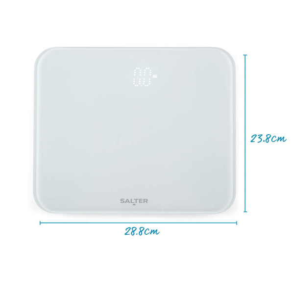 White digital bathroom scale with LED display, showing size 28.8x23.8cm.