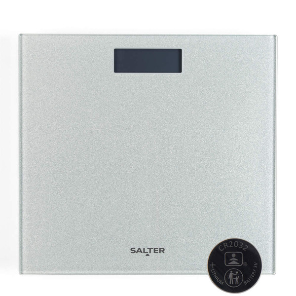 Salter silver digital bathroom scale with CR2032 battery shown